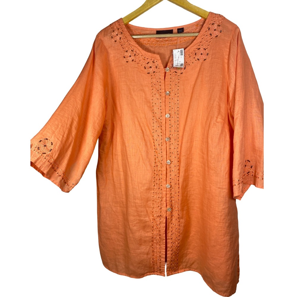 Avenue Womens 14/16 100% Linen Embroidered Beaded Tunic Top Coral Orange‎ NWT